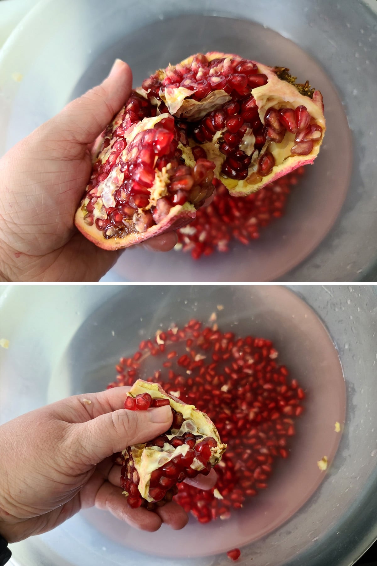The arils being removed from a chunk of pomegranate.