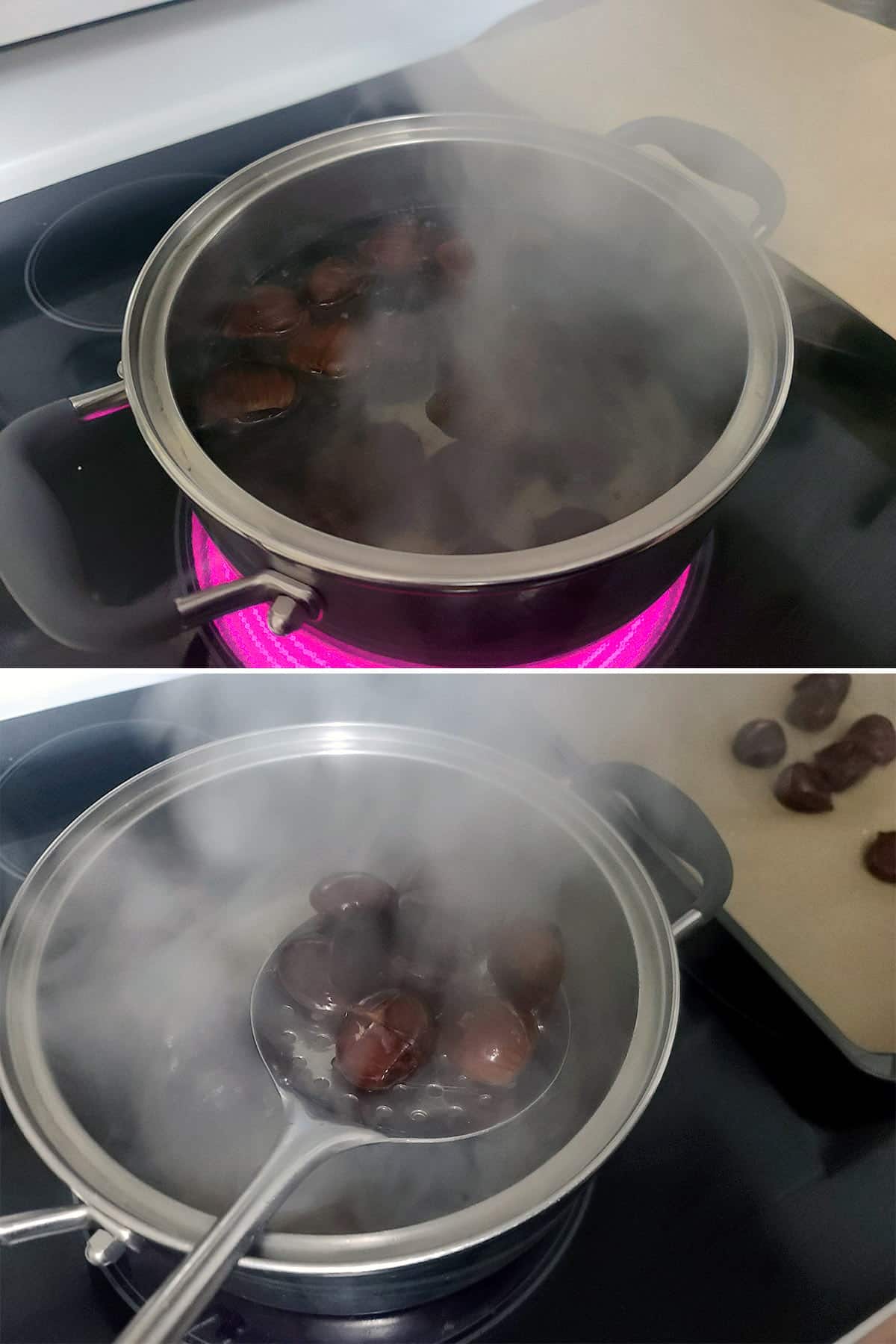 A two part image showing the chestnuts in steaming water, then being lifted out of boiling water with a slotted spoon.