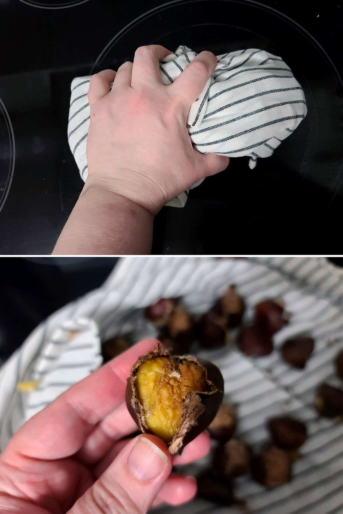 A 2 part image showing showing a hand squeezing the wrapped chestnuts, then holding a half peeled roasted chestnut.