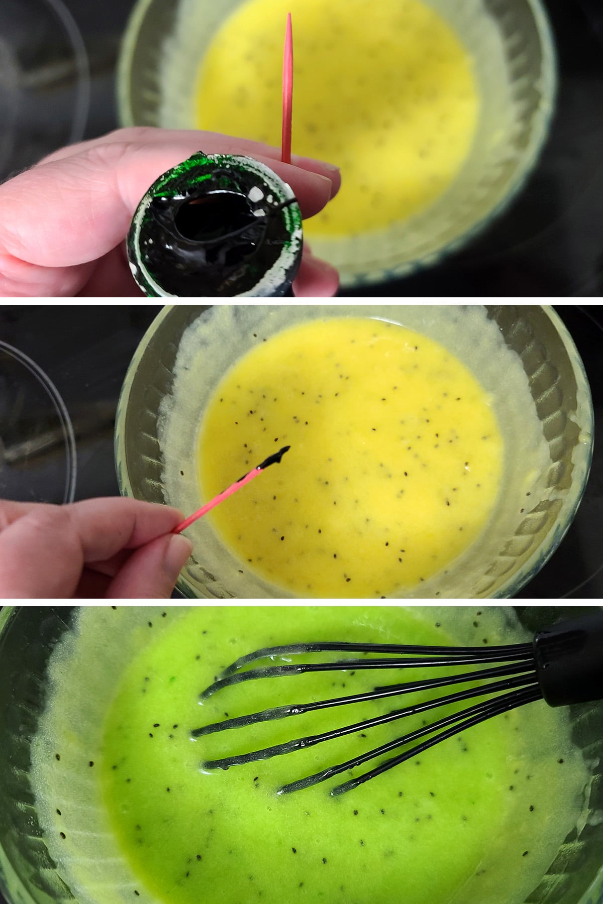 Green food colouring being stirred into the kiwi curd.