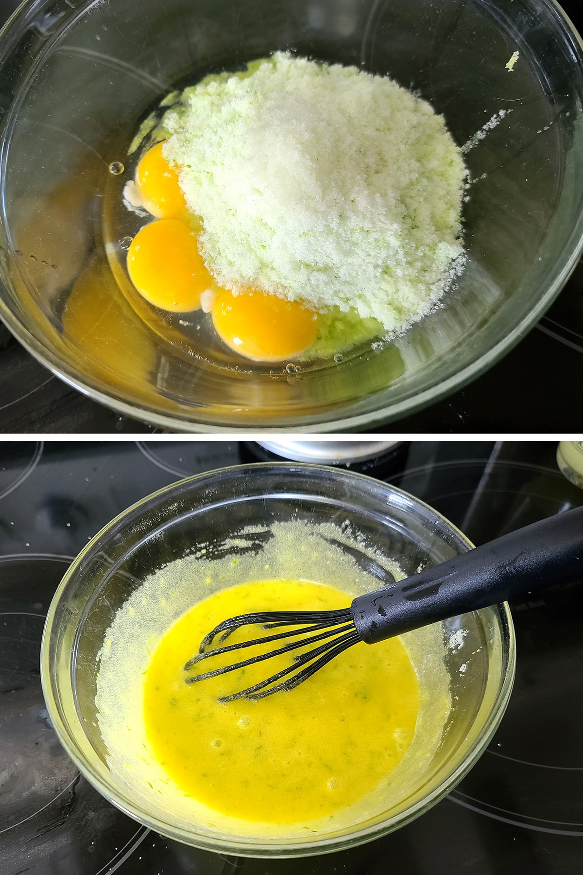 Egg yolks and lime sugar being whisked together.