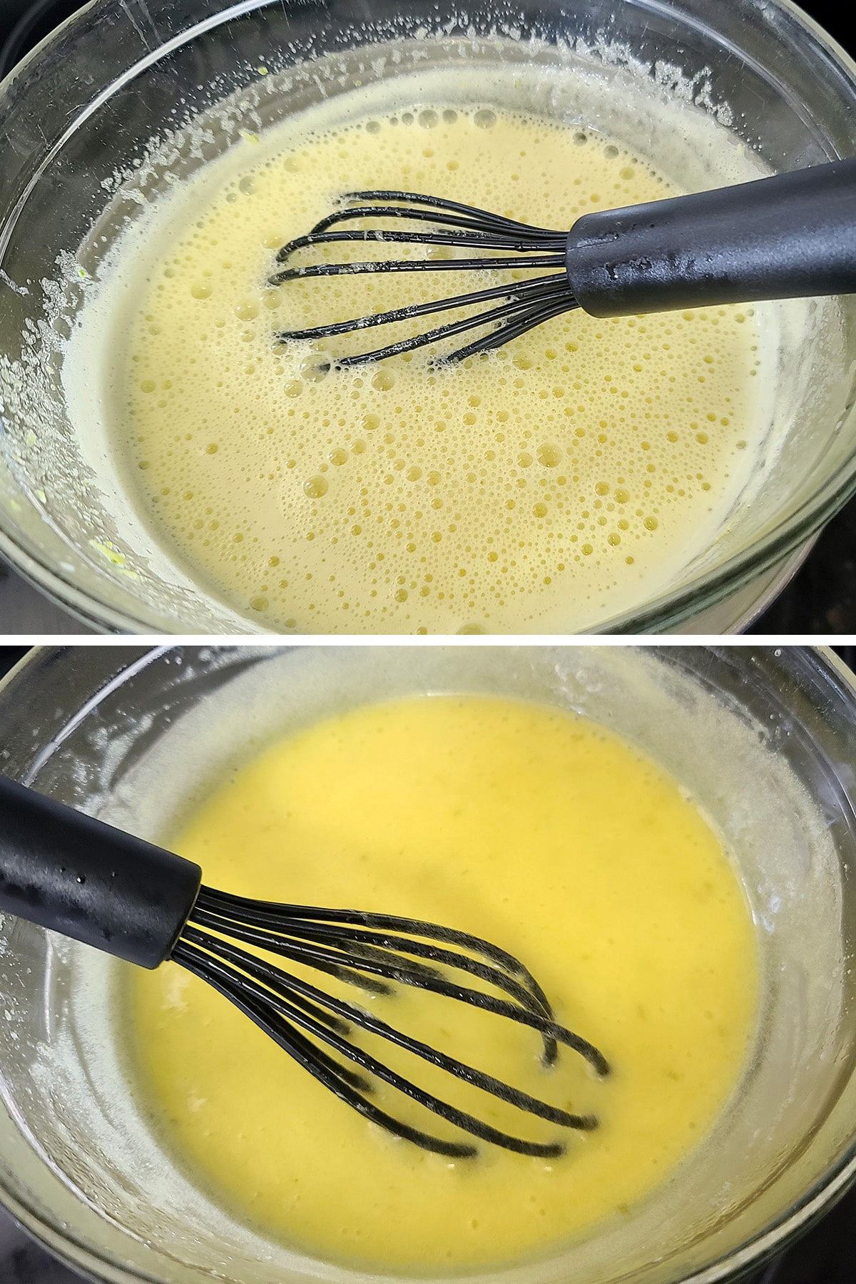 Raw lime curd being whisked together in a double boiler.