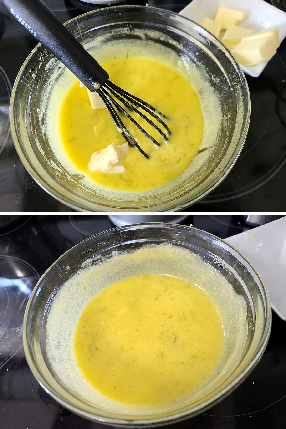 Butter being whisked into the lime curd.