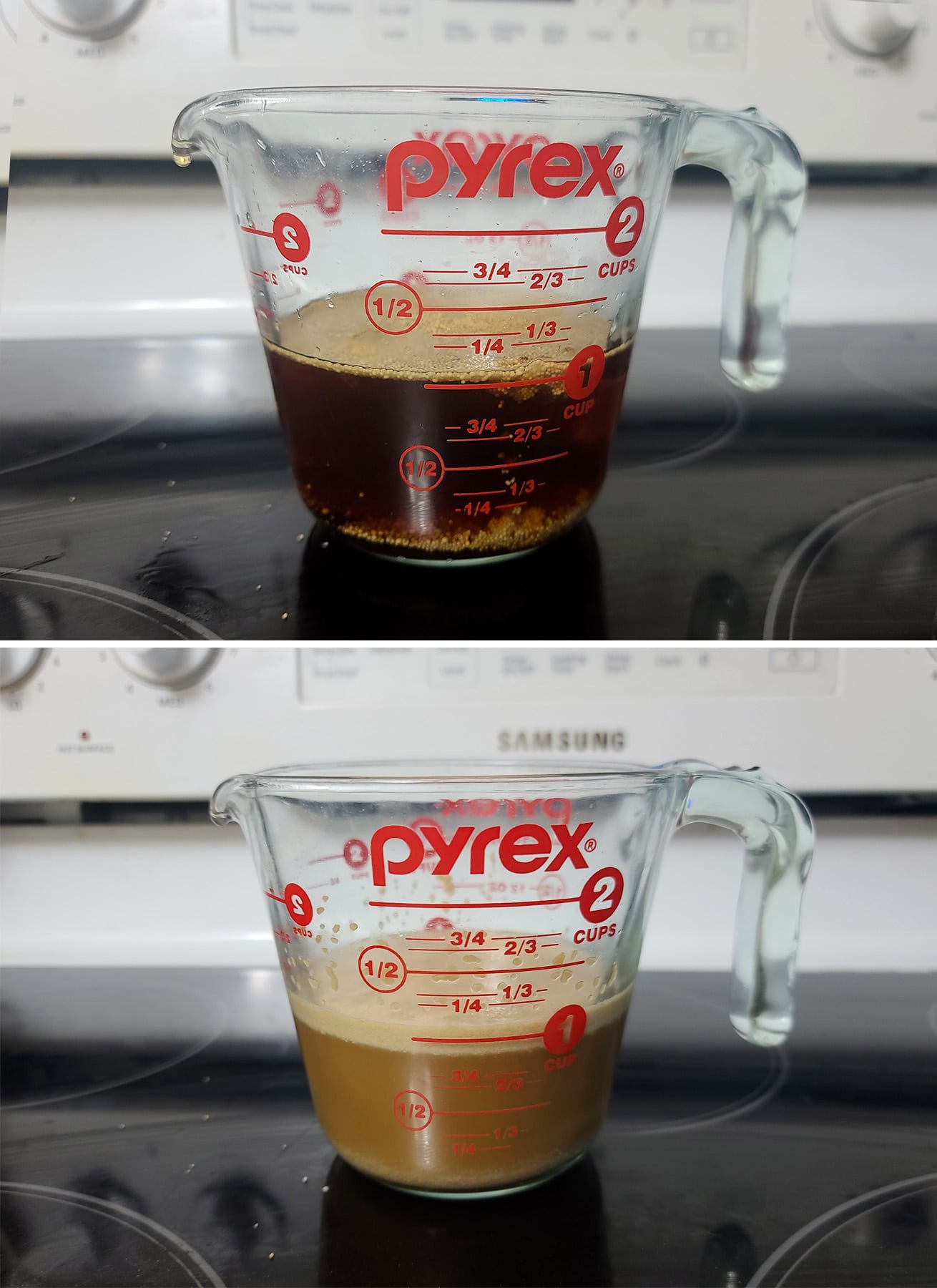 A glass measuring up with water, maple syrup, and yeast - before and after the yeast foamed up.