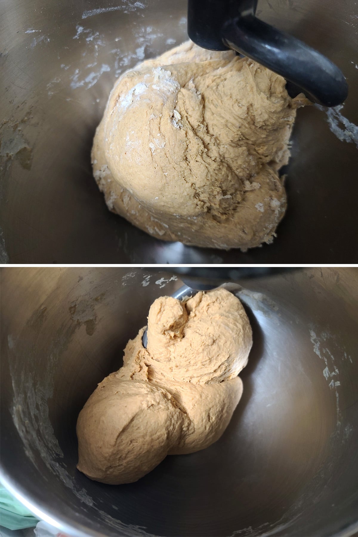 The pumpkin dough being kneaded smooth.