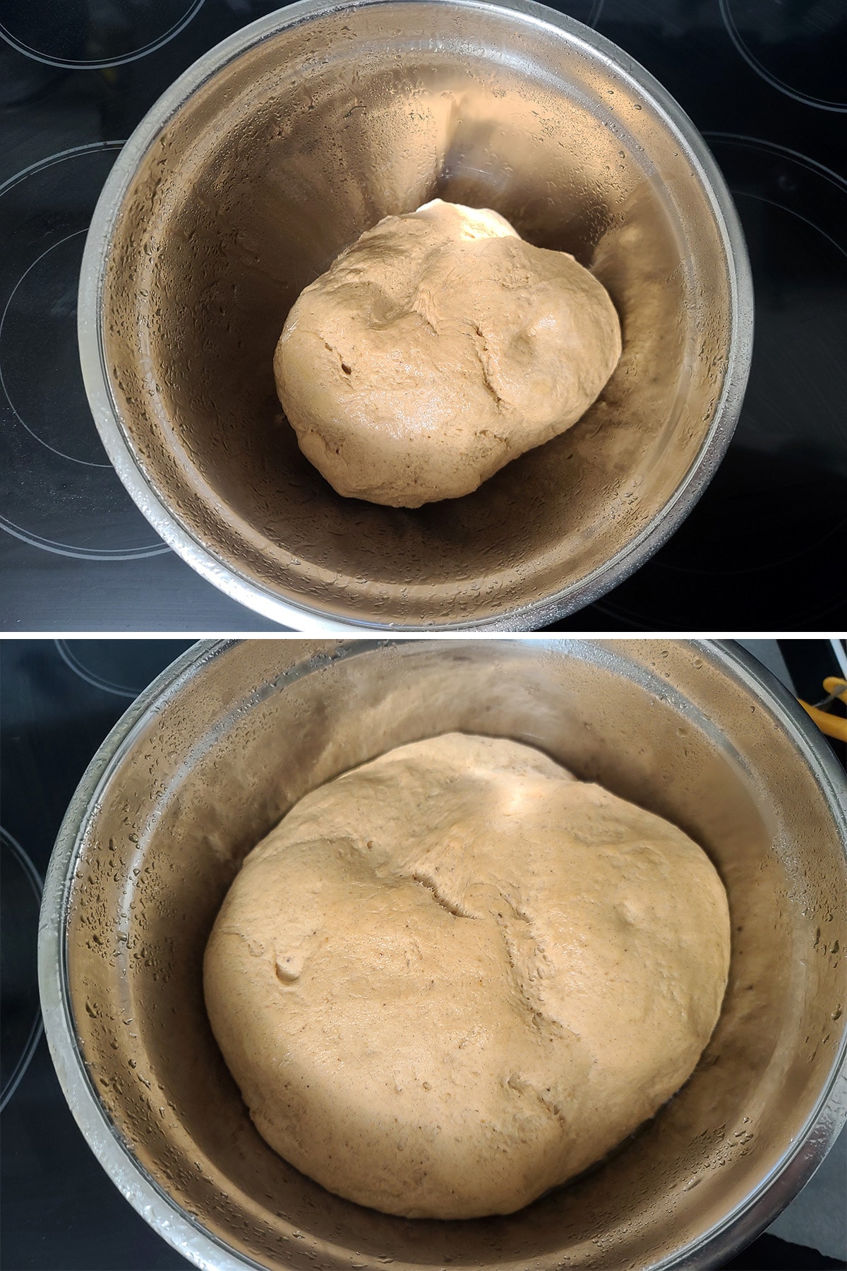 The pumpkin dough in a metal bowl, before and after rising to double the volume.