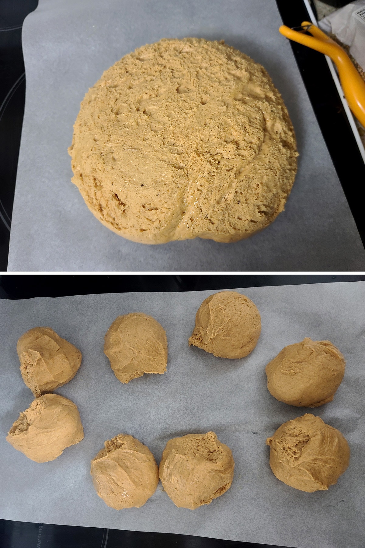 The risen dough, before and after being split into 8 balls.