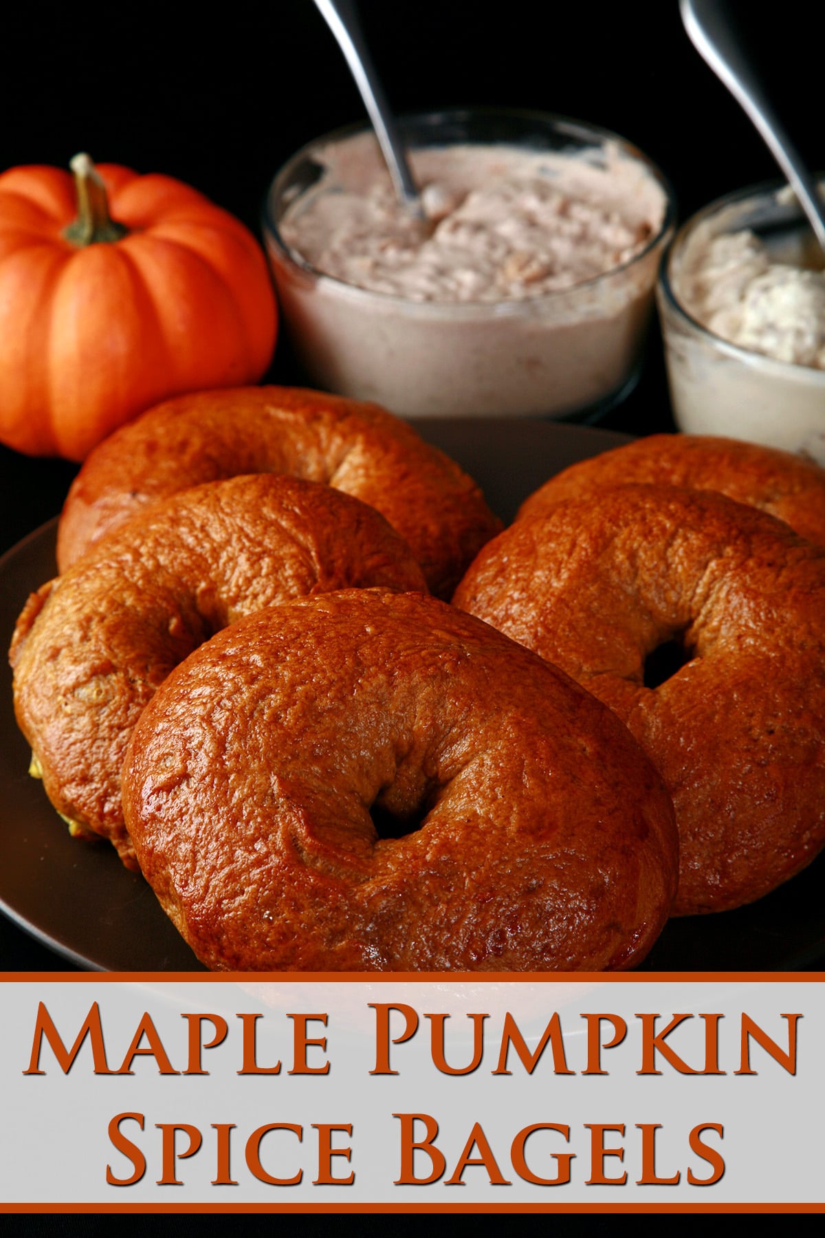 A plate of maple pumpkin bagels. There is a mini pumpkin and 2 dishes of flavoured cream cheese behind the plate.