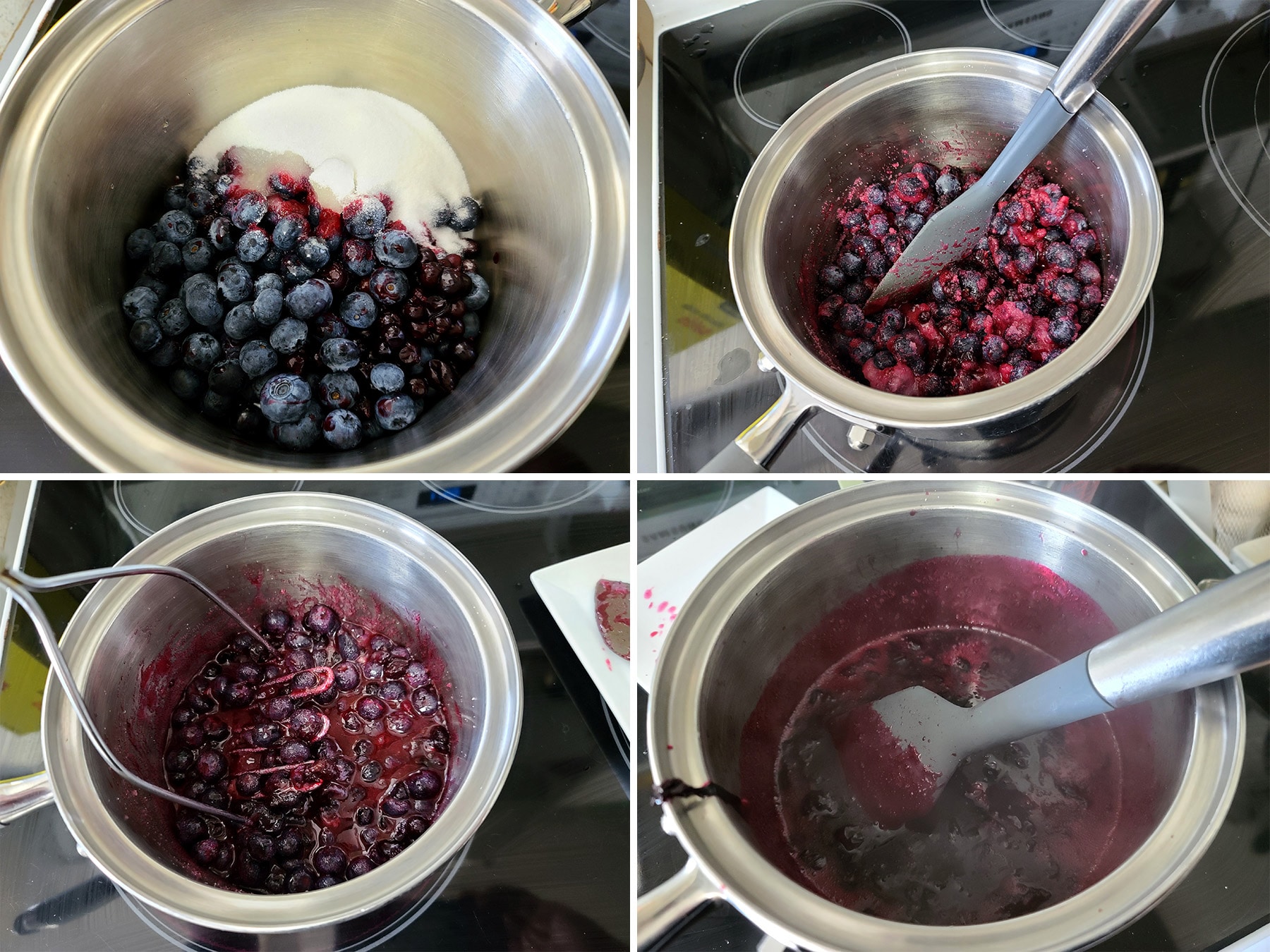 A 4 part image showing blueberries, sugar, and lemon juice being cooked together.