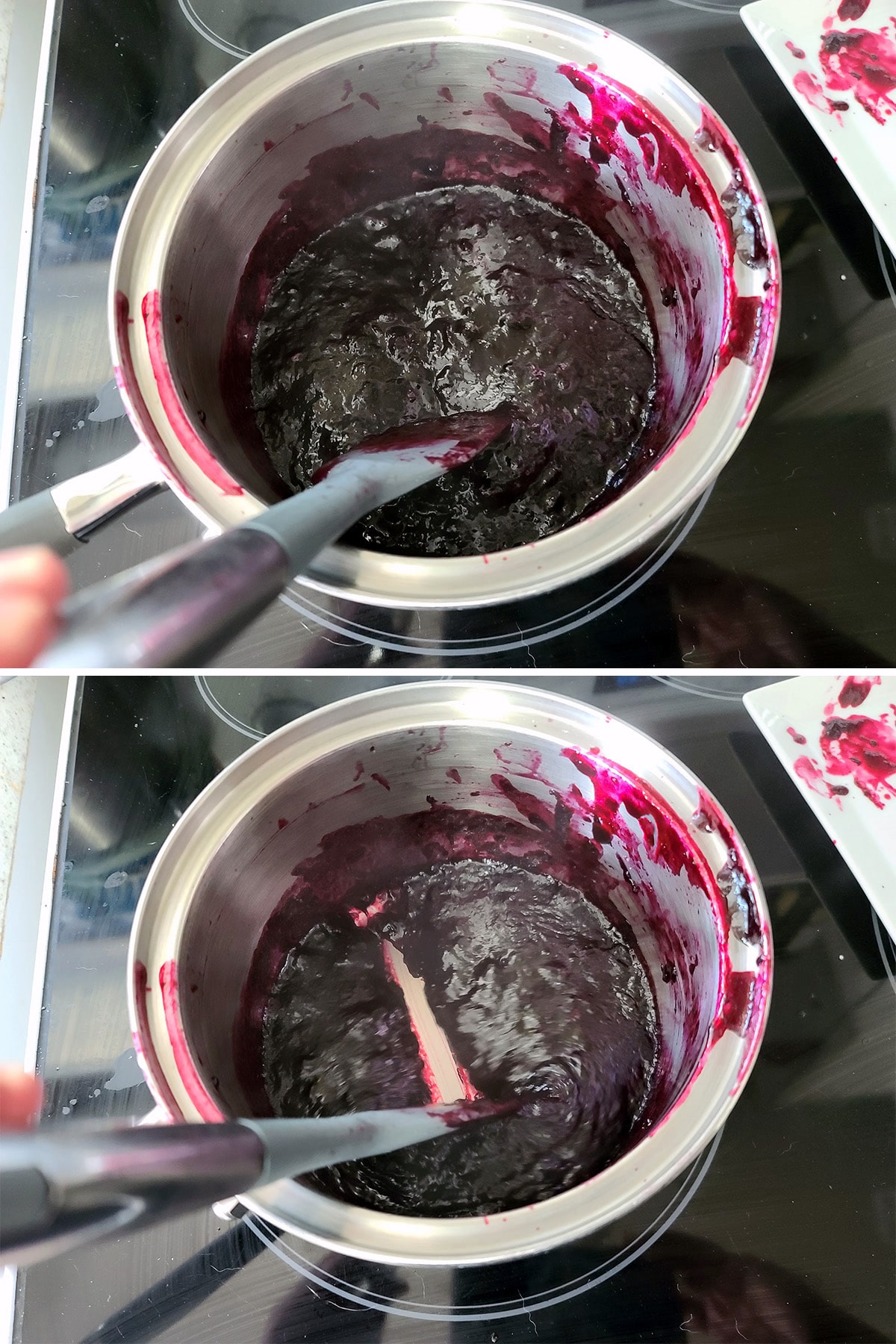 A two part image showing thickened blueberry jam, with a wake being traced through it.