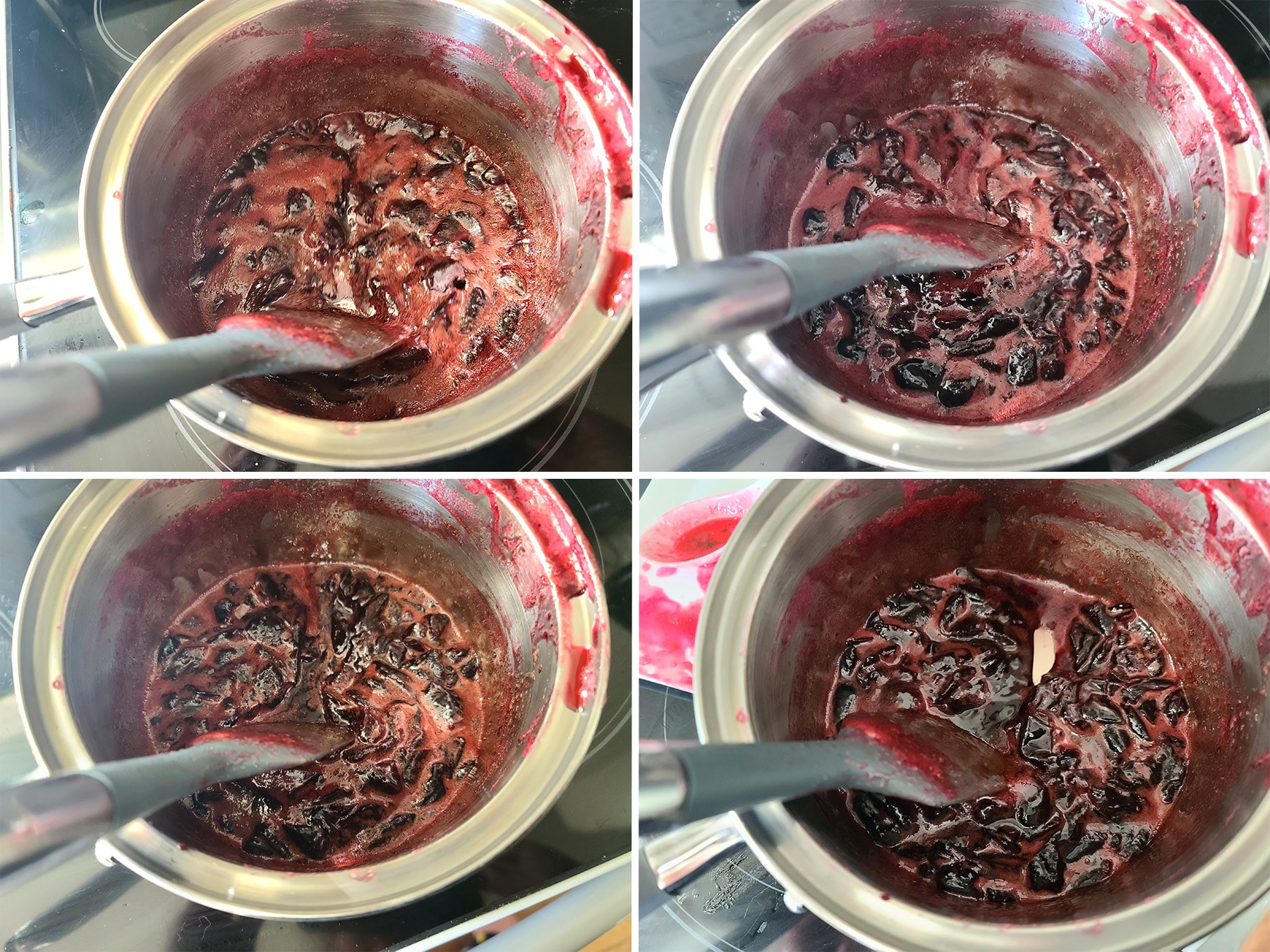 A 4 part image showing the cherry jam cooking down.