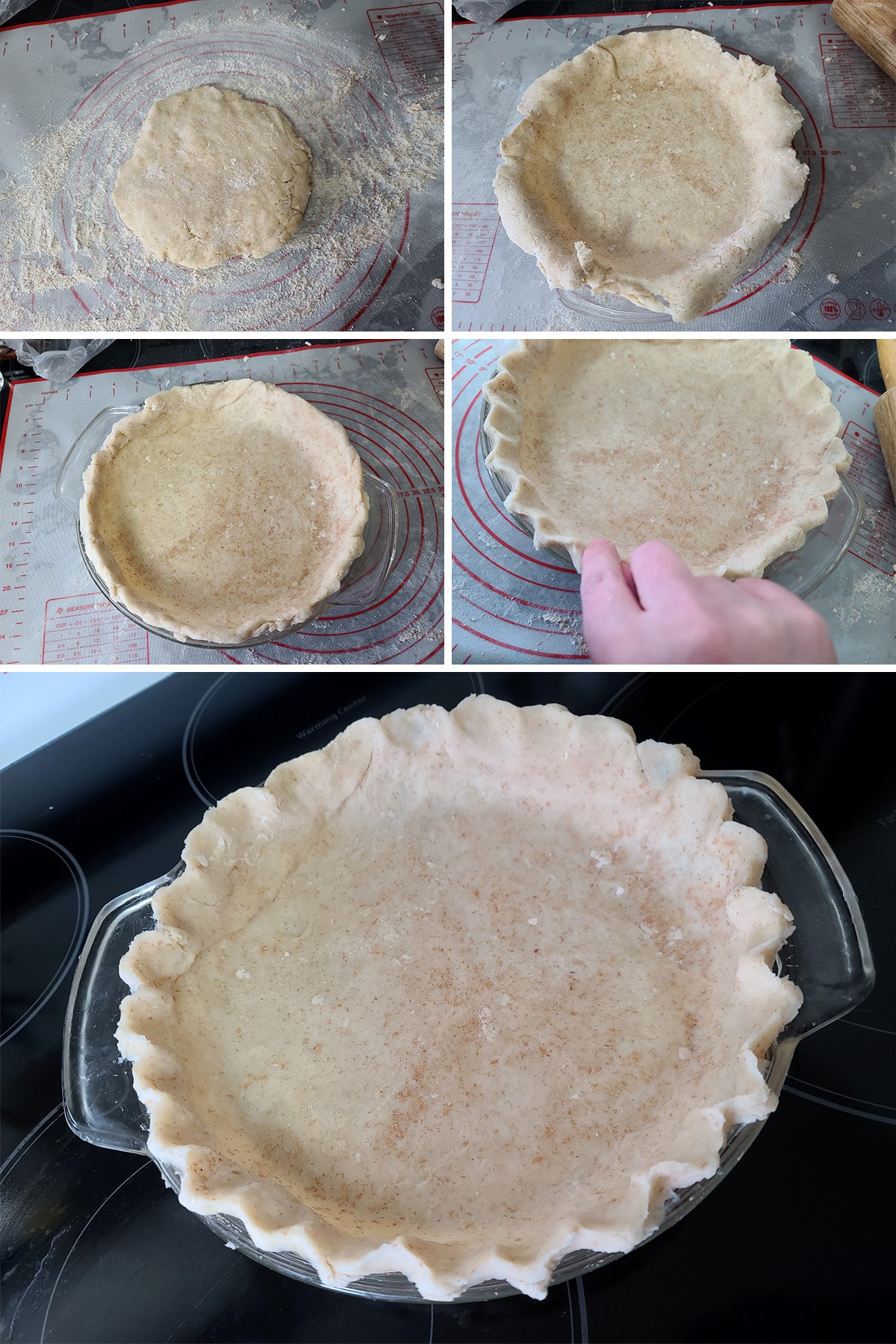 A 5 partcompilation image showing a pie crust being rolled and formed in the pan.