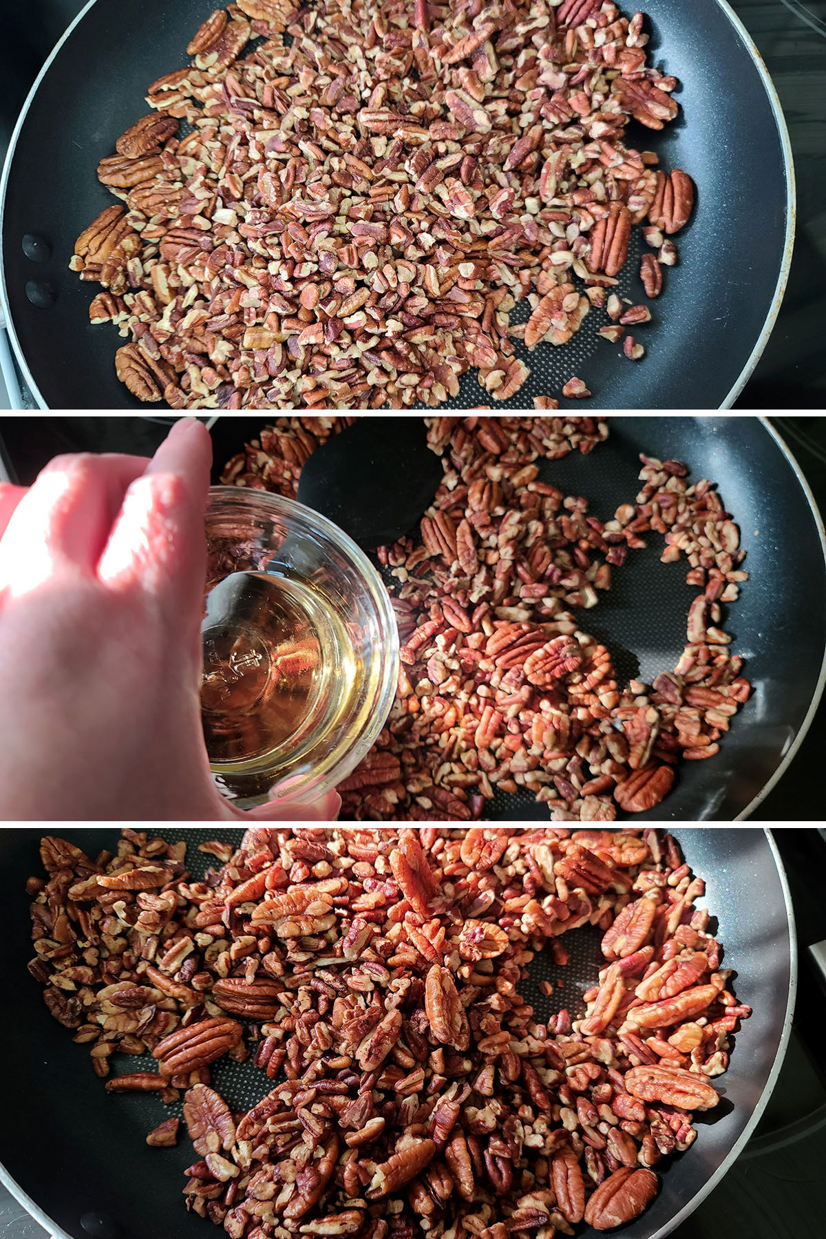 A 3 part compilation image showing the pecans being toasted with Southern Comfort.