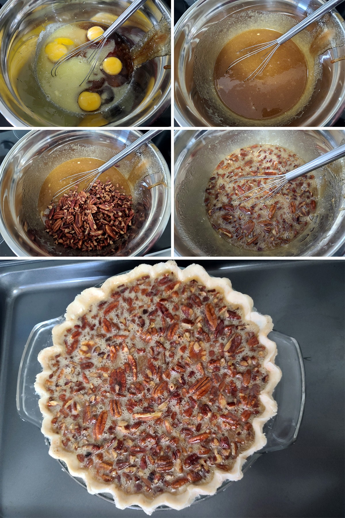 A 5 part compilation image showing the filling being mixed and added to the pie shell.