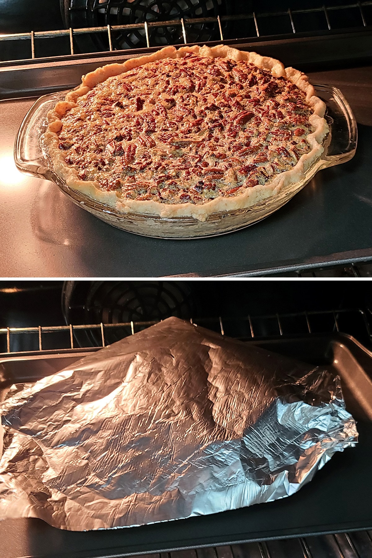 A two part image showing the pie being baked, before and after the foil covering.