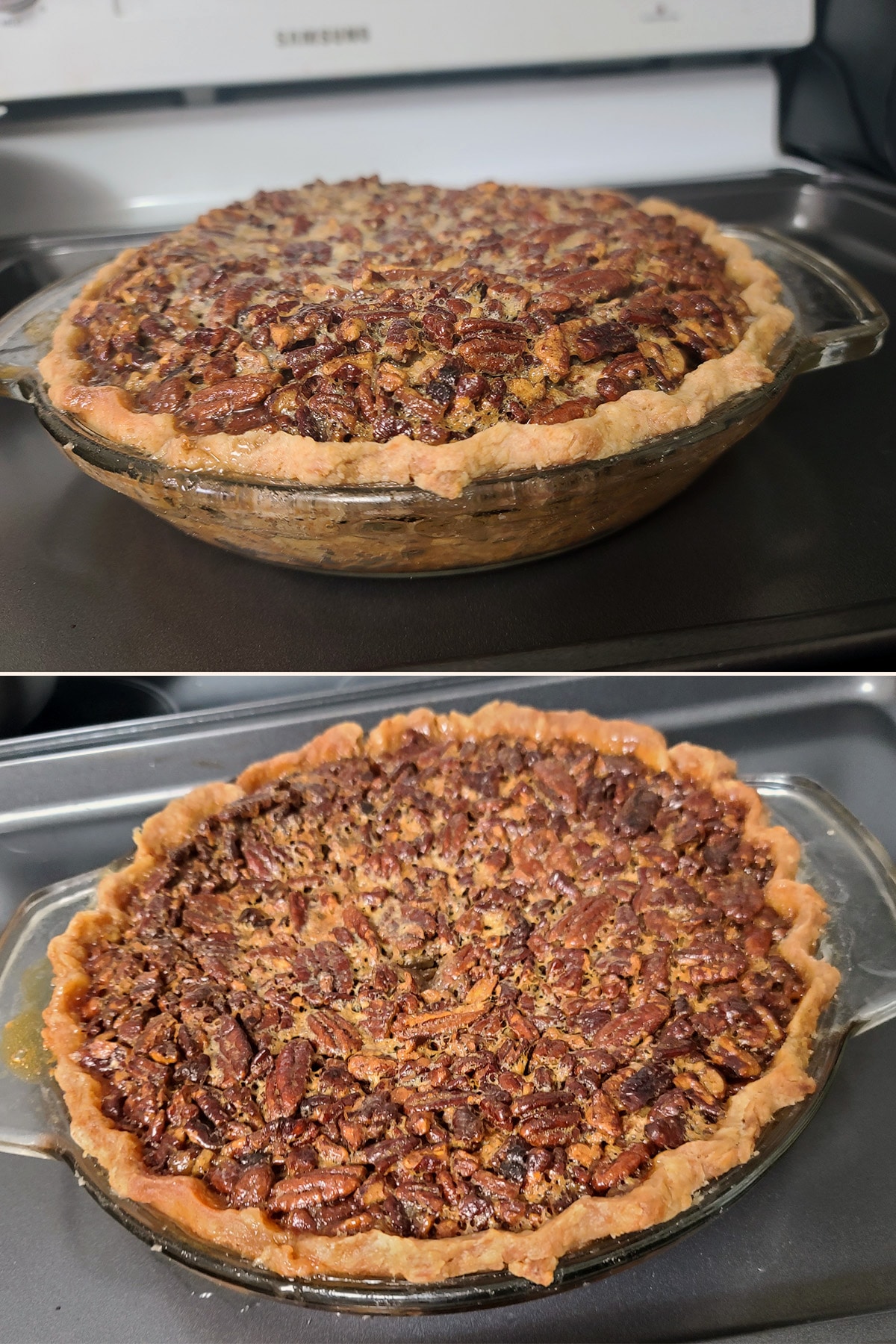 The baked pie, in 2 images. The first is puffy, fresh from the oven. The second is after it has cooled and settled down.