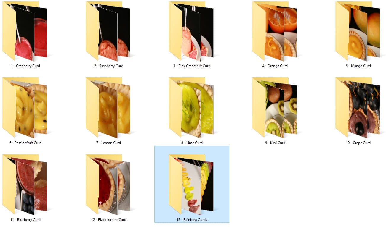 A screen shot of file folders on a window PC. Each is for a different flavour of fruit curd, and they are in rainbow order.