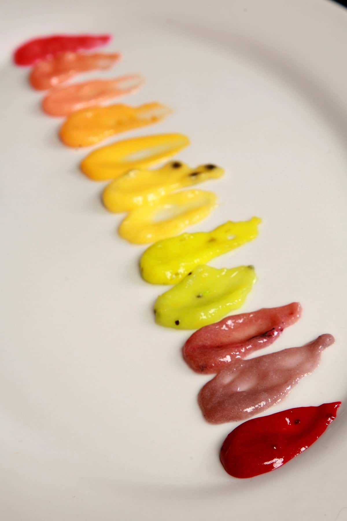 A line of streaks of fruit curds on a white plate. They are arranged in rainbow order.
