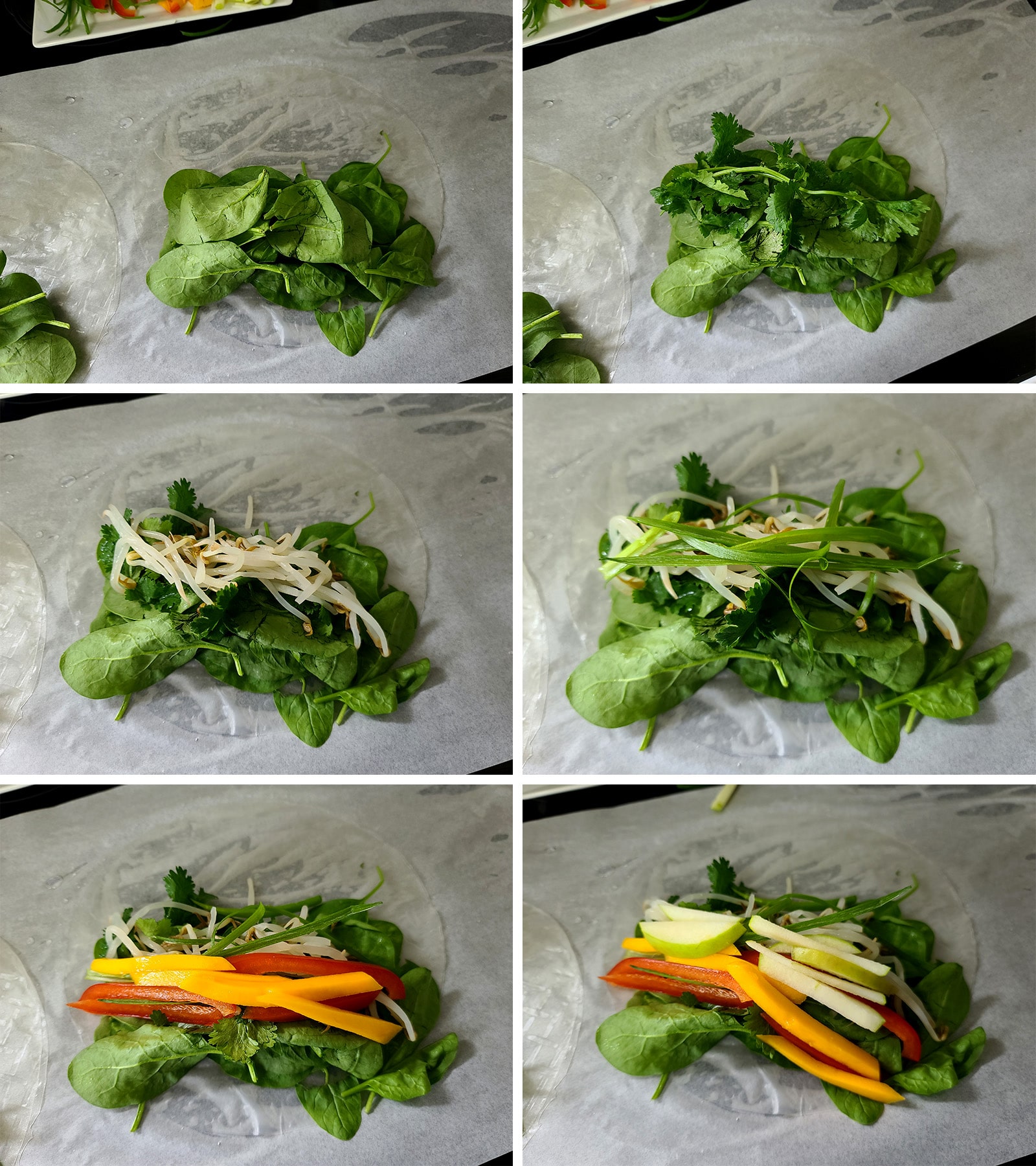 A 6 part image showing the fillings being layered over the rice paper wrapper.