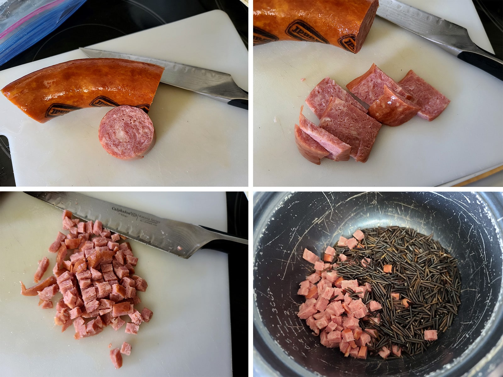 Smoked sausage being cut up and added to a rice maker with wild rice.