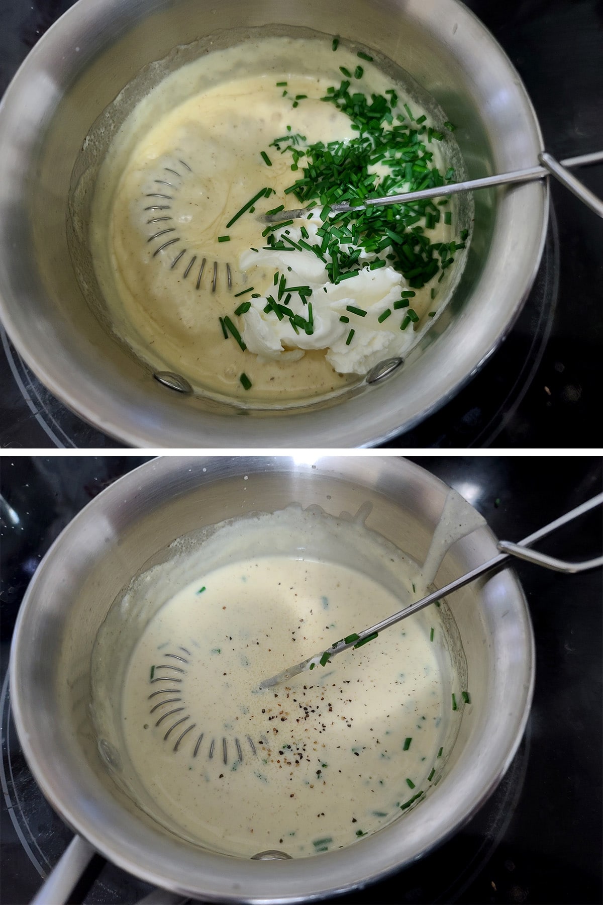 Sour cream and chives being added to the cream sauce and stirred in.