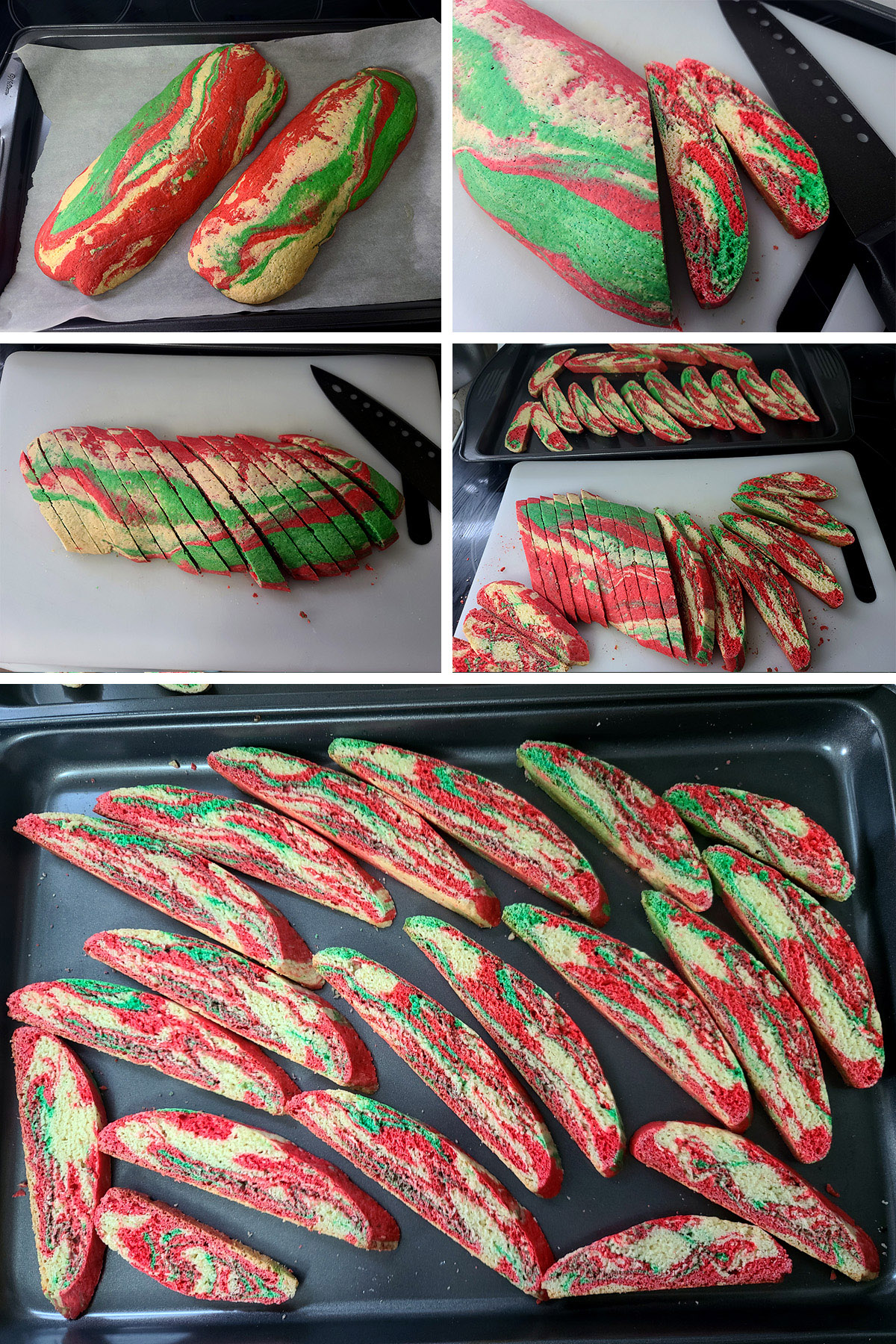 A 5 part image showing the baked loaves of marbled peppermint biscottu being sliced and arranged on baking sheets.