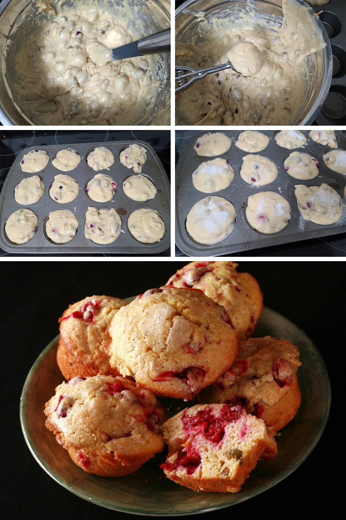 A 5 prt image showing the batter being scooped into the muffin tin with an ice cream scoop, sprinkled with sugar, and the final baked muffins.