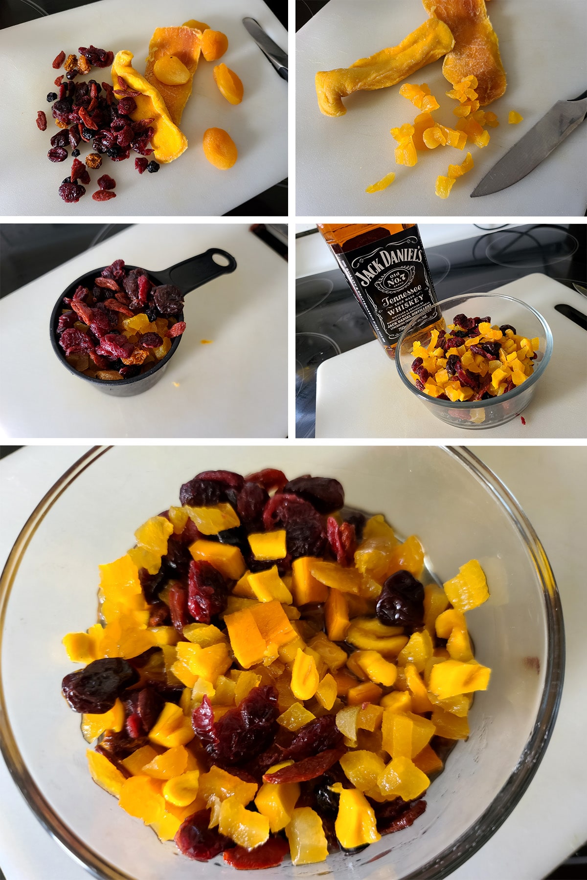 A 5 part image showing dried fruits being chopped up and added to a glass bowl with whisky.