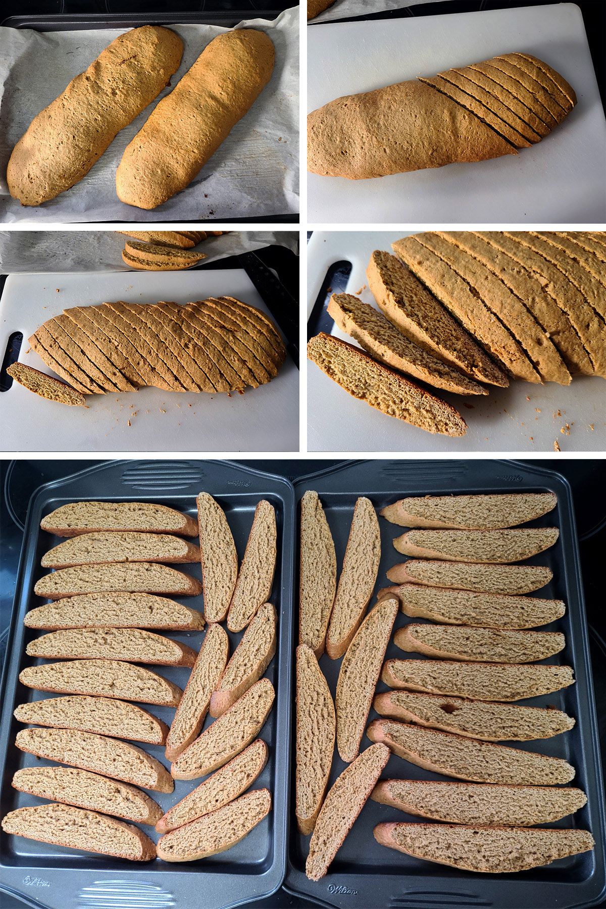 A 6 part image showing the baked biscotti loaves being sliced and arranged on baking sheets.