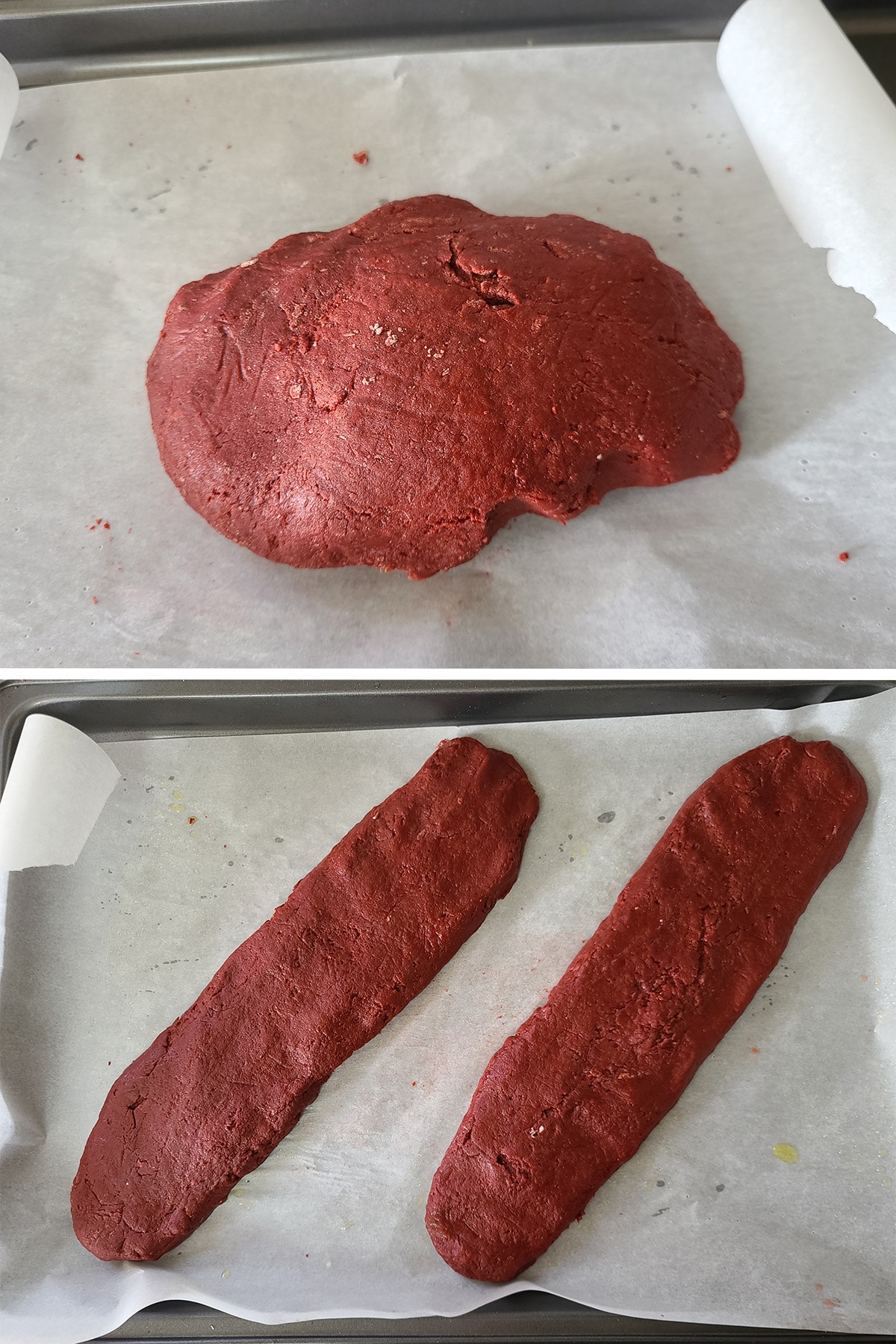 A 2 part image showing the dough being divided into 2 long loaves.