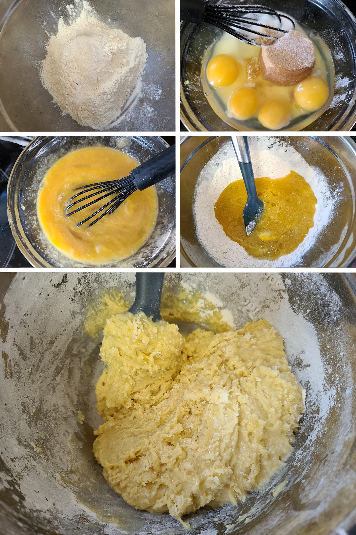 A five part image showing the batter being mixed together, as described.