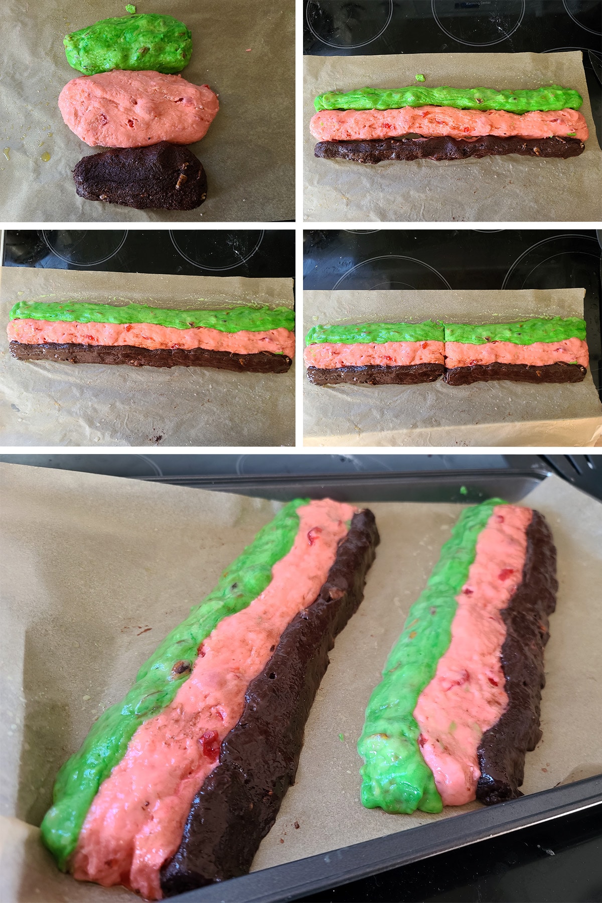 A 5 part image showing the tri coloured dough being arranged into 2 loaves, as described.