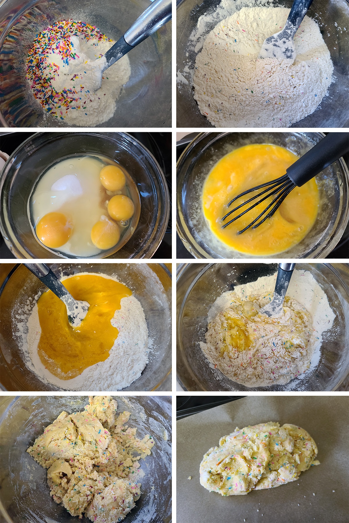 An 8 part image showing the funfetti biscotti dough being mixed together.