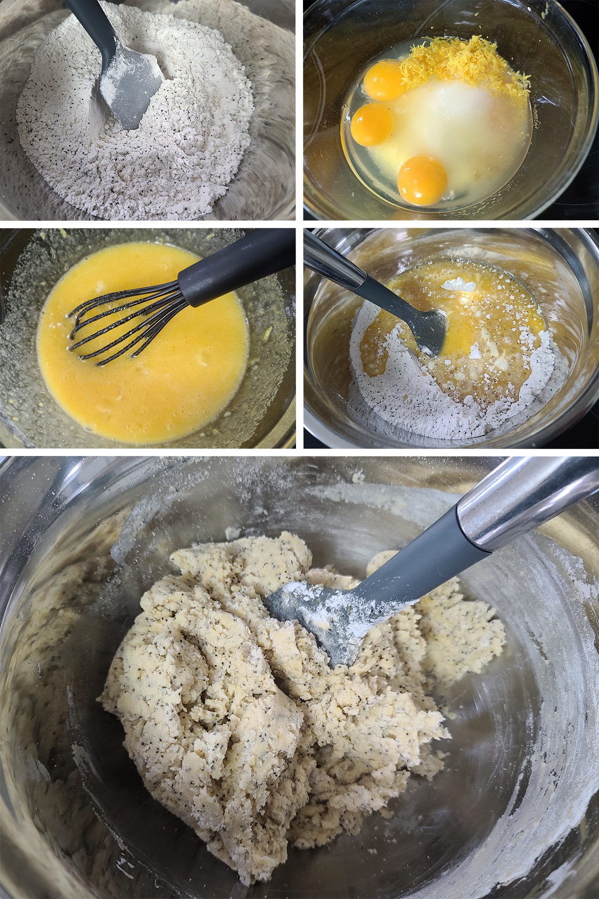 A 5 part image showing the biscotti dough being made.