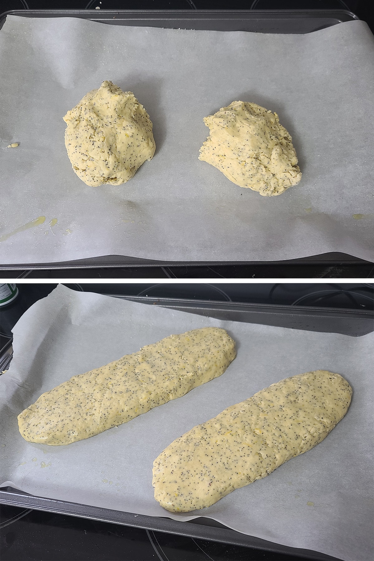 A 2 part image showing the biscotti dough being split in 2 and formed into loaves.