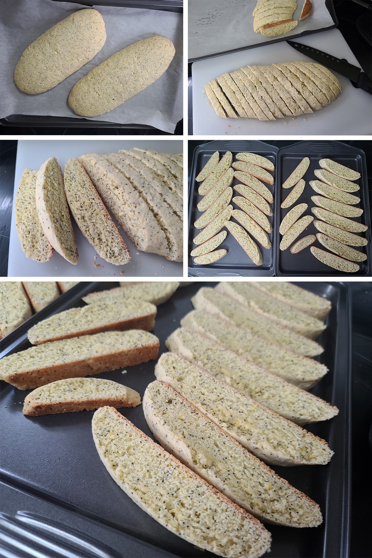 A 5 part image showing the baked loaved being sliced and baked a second time.