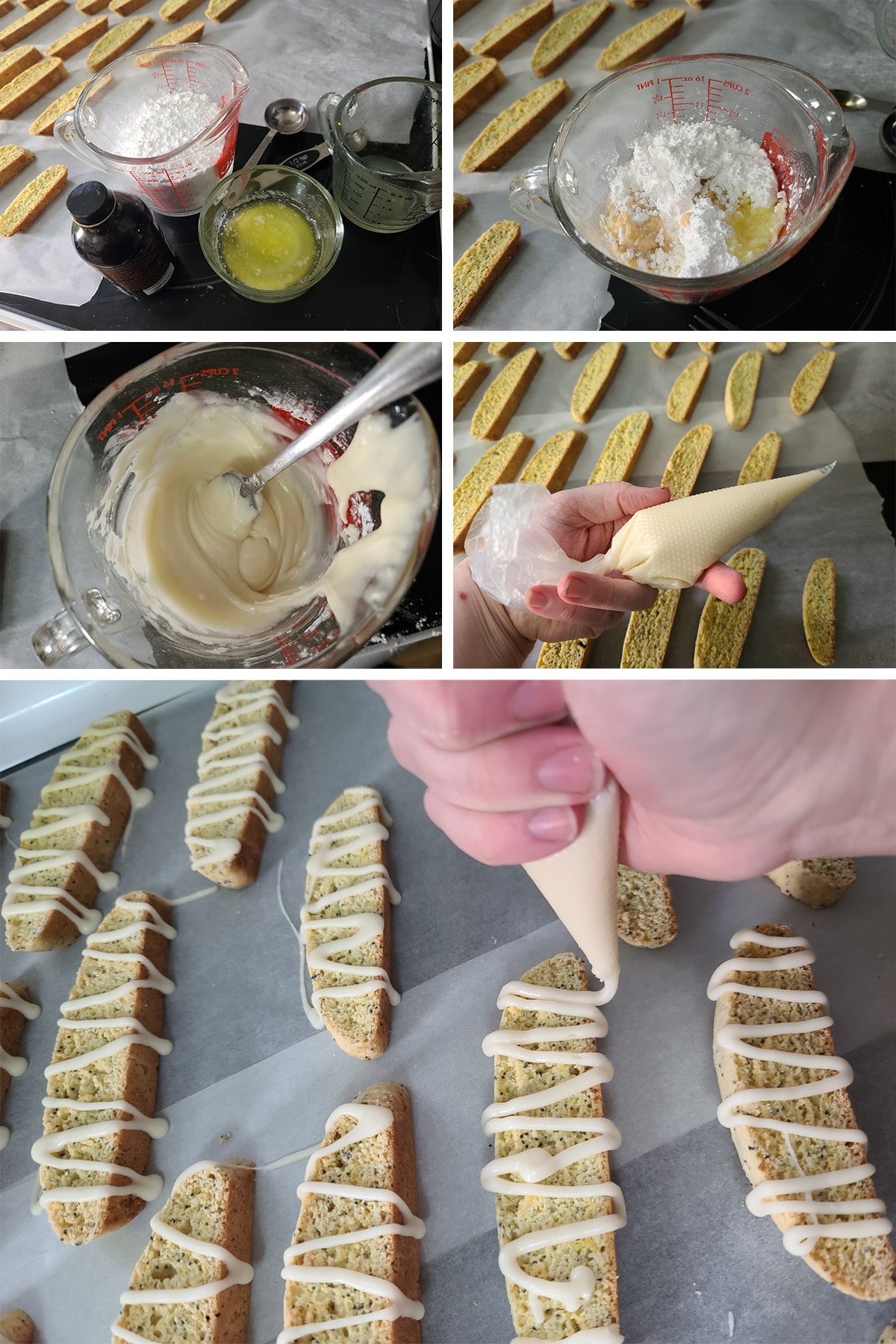 A 5 part image showing the glaze being made and drizzled over the baked biscotti.