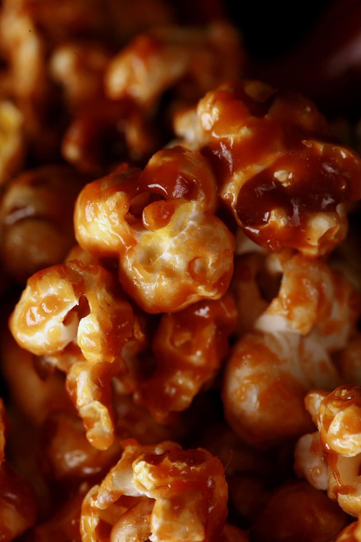 A close up view of maple caramel popcorn.