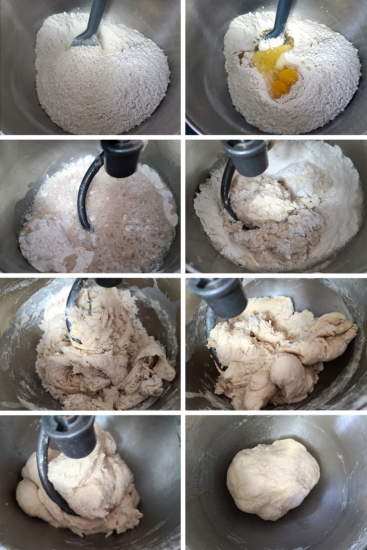 An 8 part image showing montreal style bagel dough being made in a stand mixer.