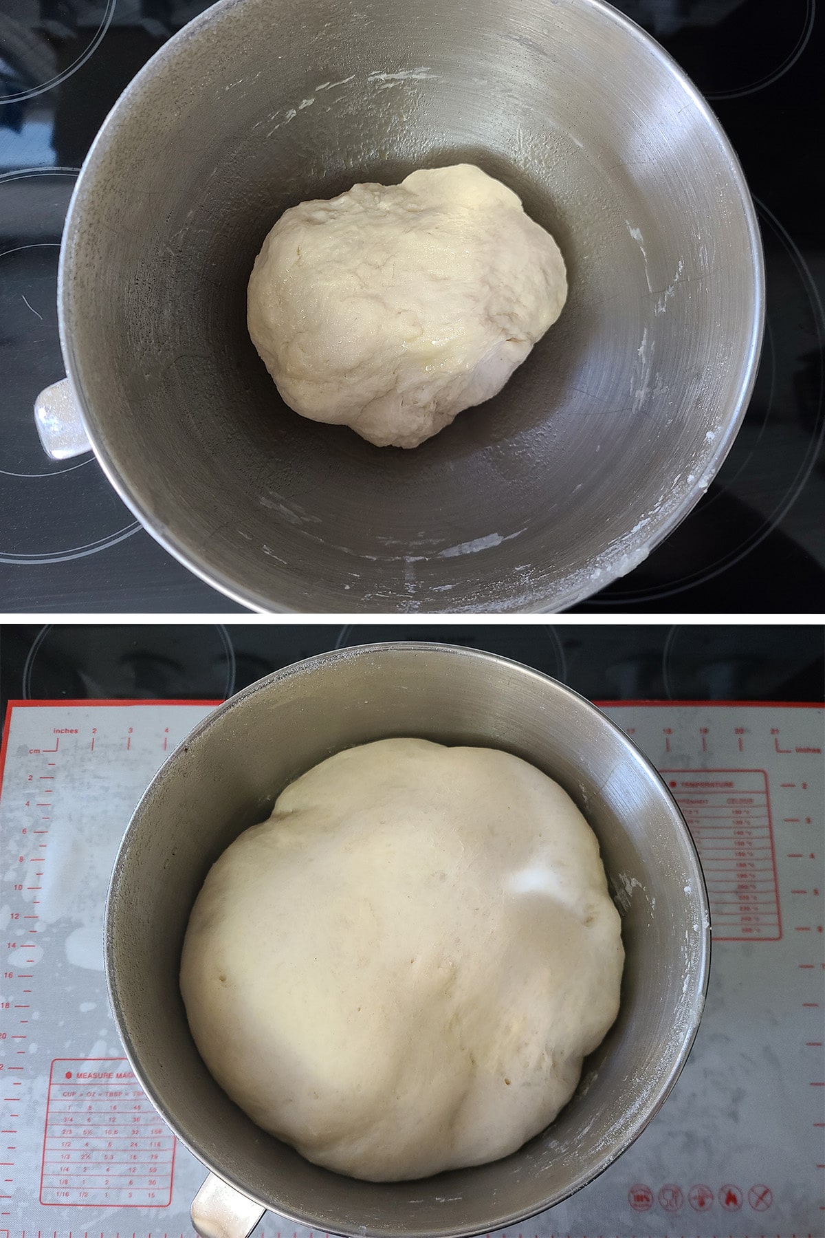 A ball of dough in a metal bowl, before and after rising.