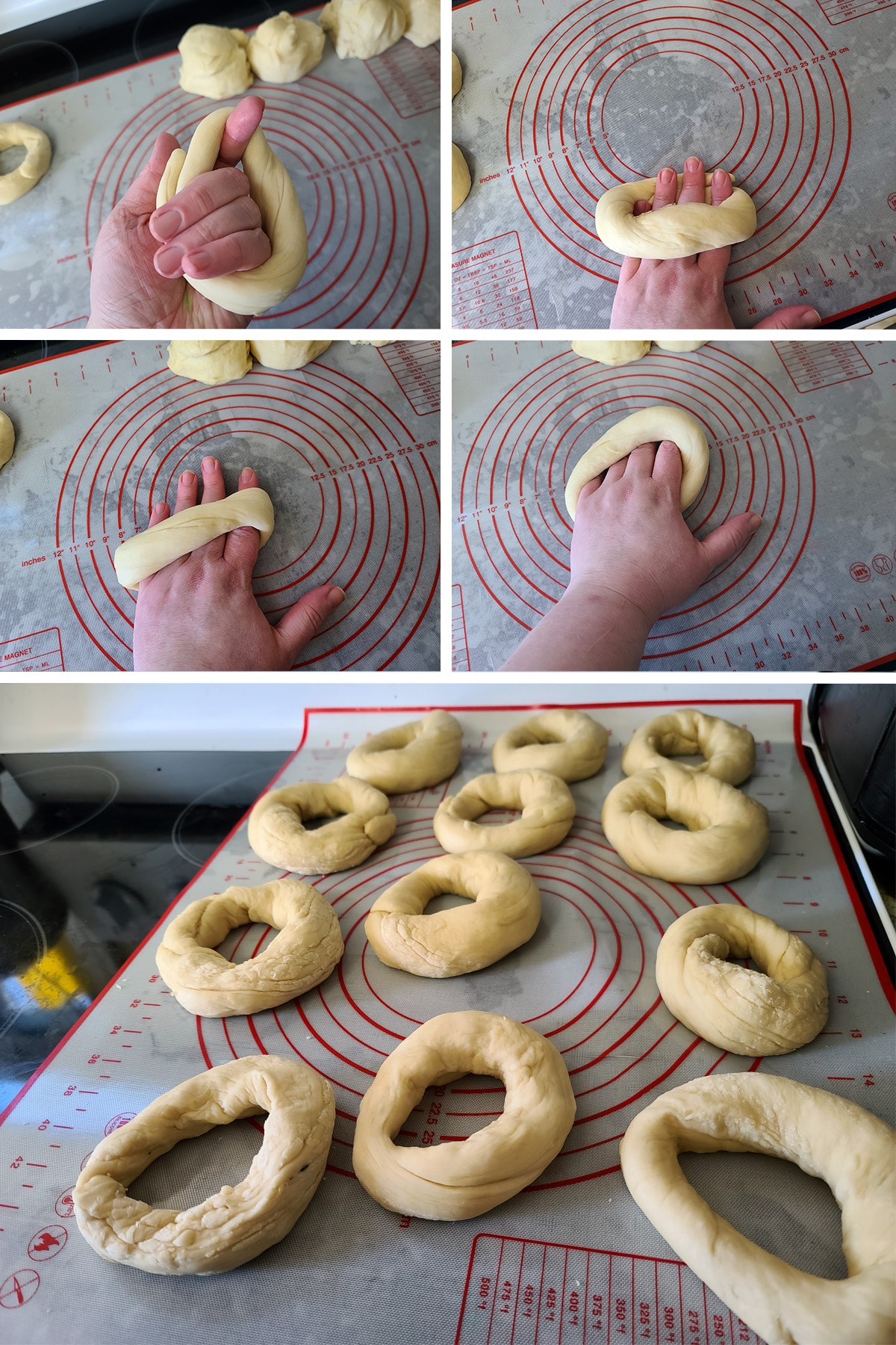 A 5 part image showing a snake of dough being joined into a ring and rolled.
