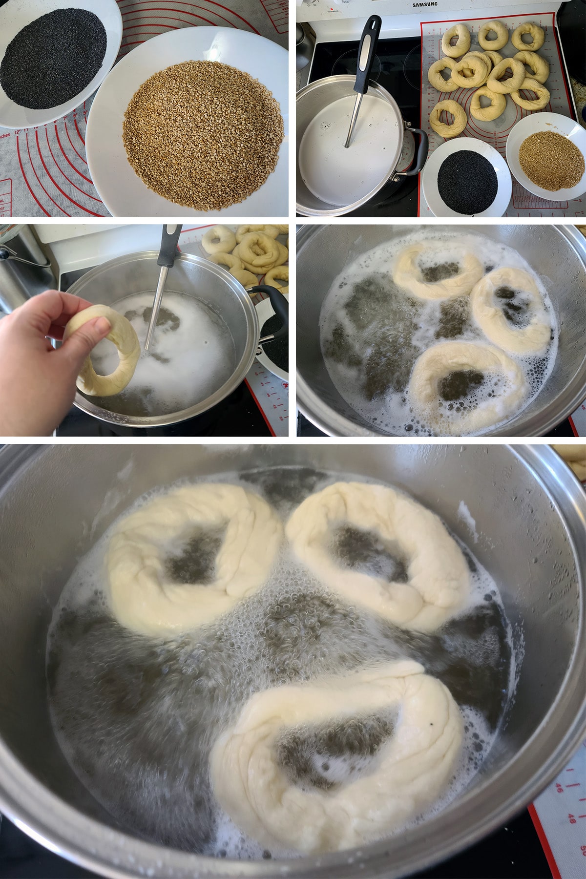A 5 part image showing the raw bagels being boiled in honey water.