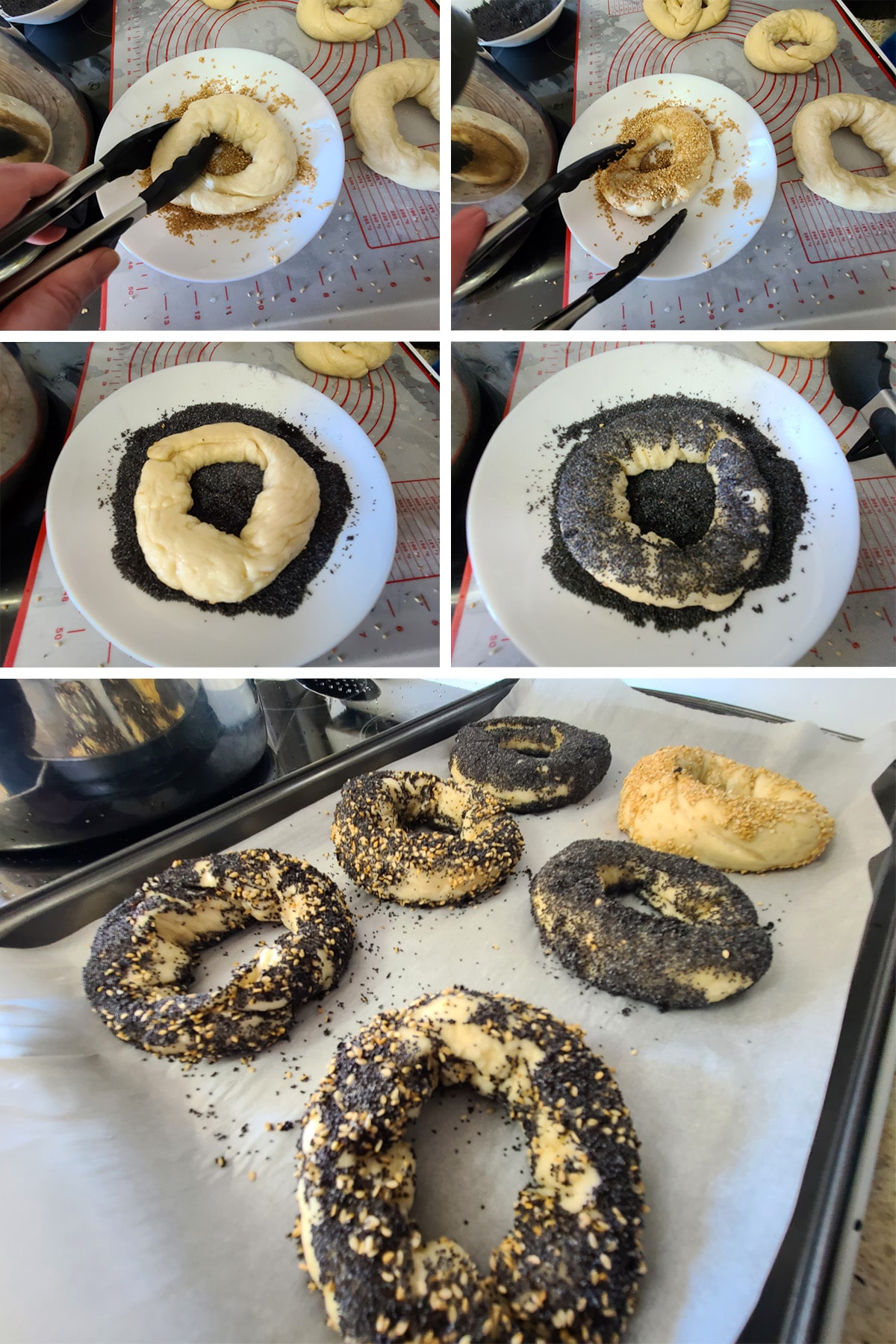 A 5 part image showing the boiled bagels being rolled in shallow bowls of sesame or poppy seeds.