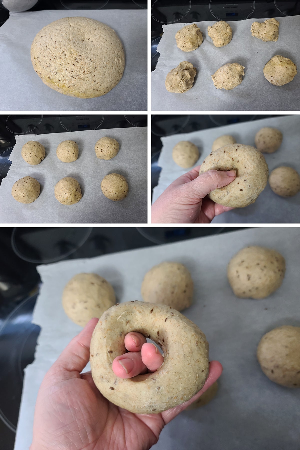 A 5 part image showing the dough being formed into bagels, as described.