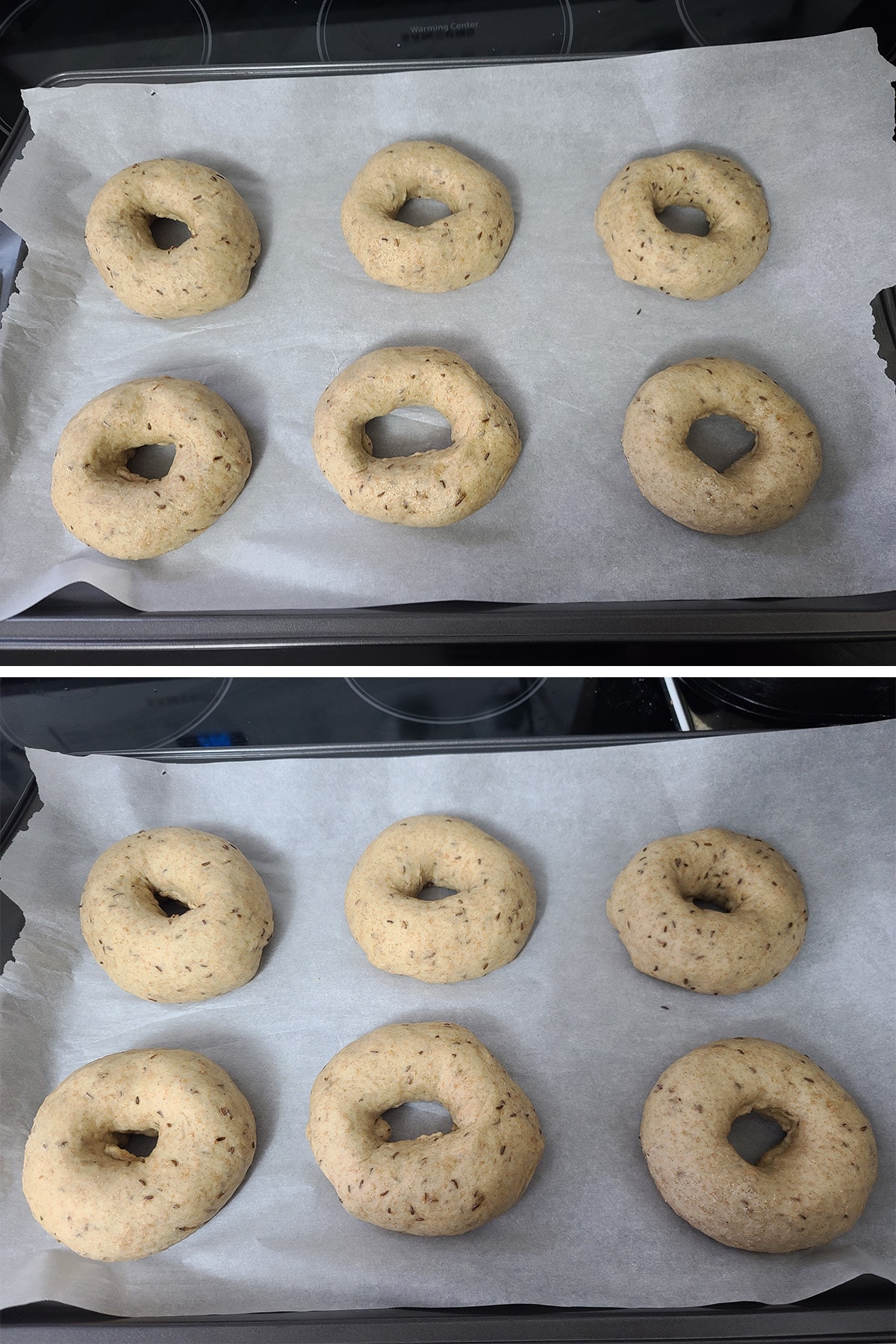 A 2 part image showing a tray of 6 pages, before and after the final rise.