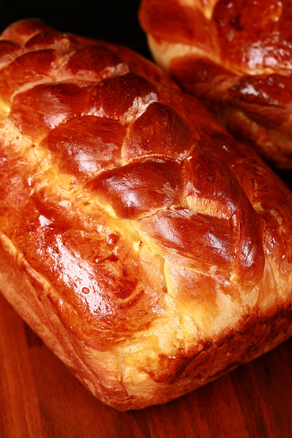 A close up photo of a braided loaf of Easter Bread.