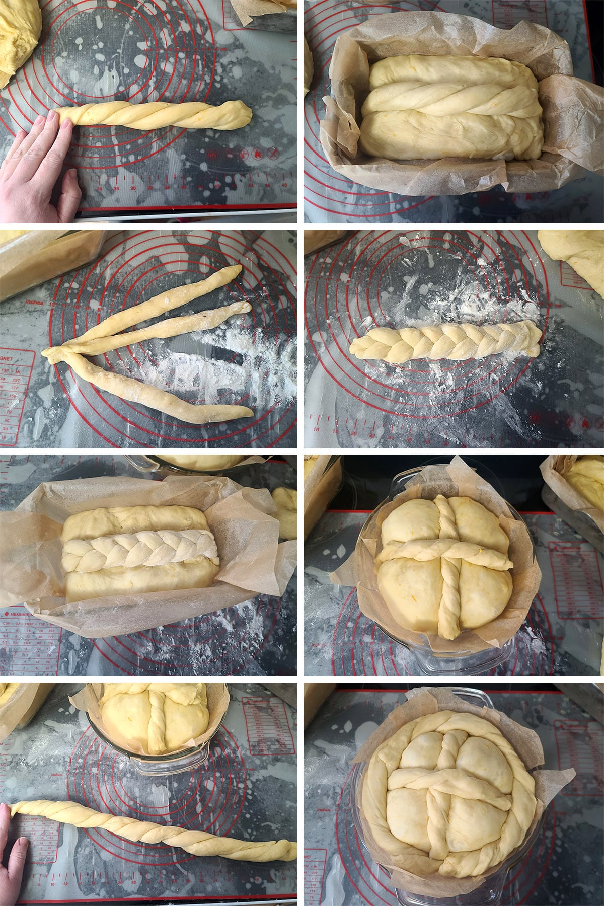 An 8 part image showing the reserved ⅓ of the dough being rolled into ropes and twists, applied to the tops of the loaves of raw dough.