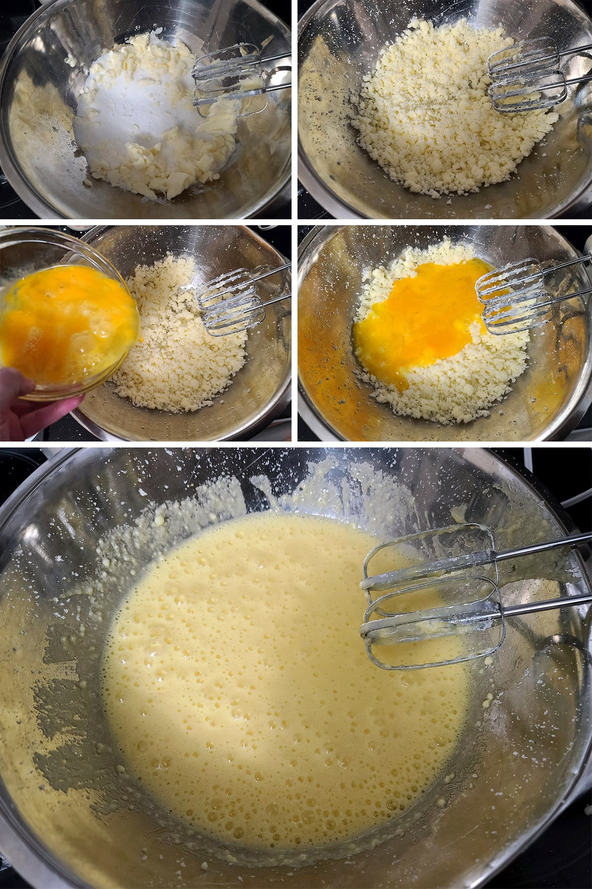 A 5 part image showing the butter and sugar being creamed, then the eggs being added and beaten smooth.