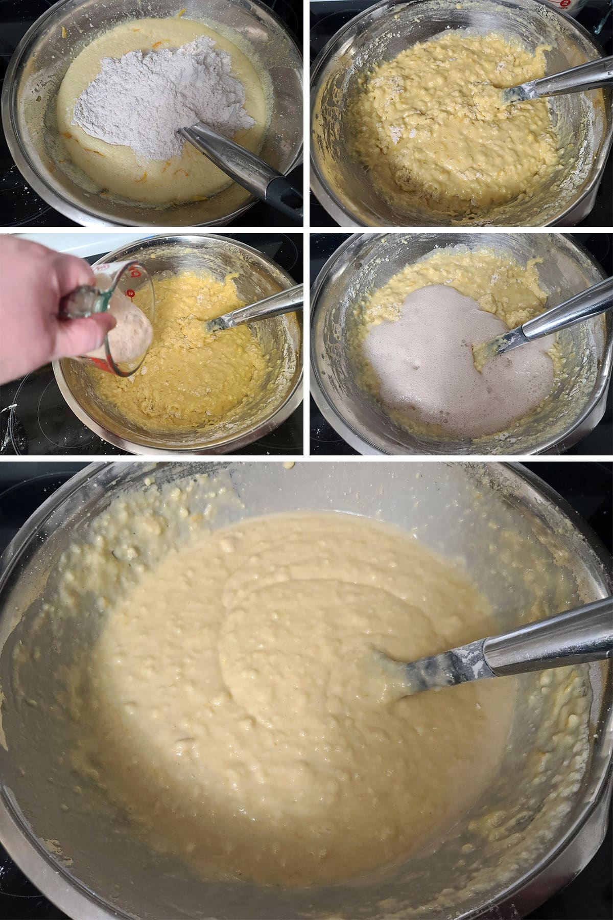 A 5 part image showing some flour being mixed in to the batter, then the yeast water, and mixed smooth.