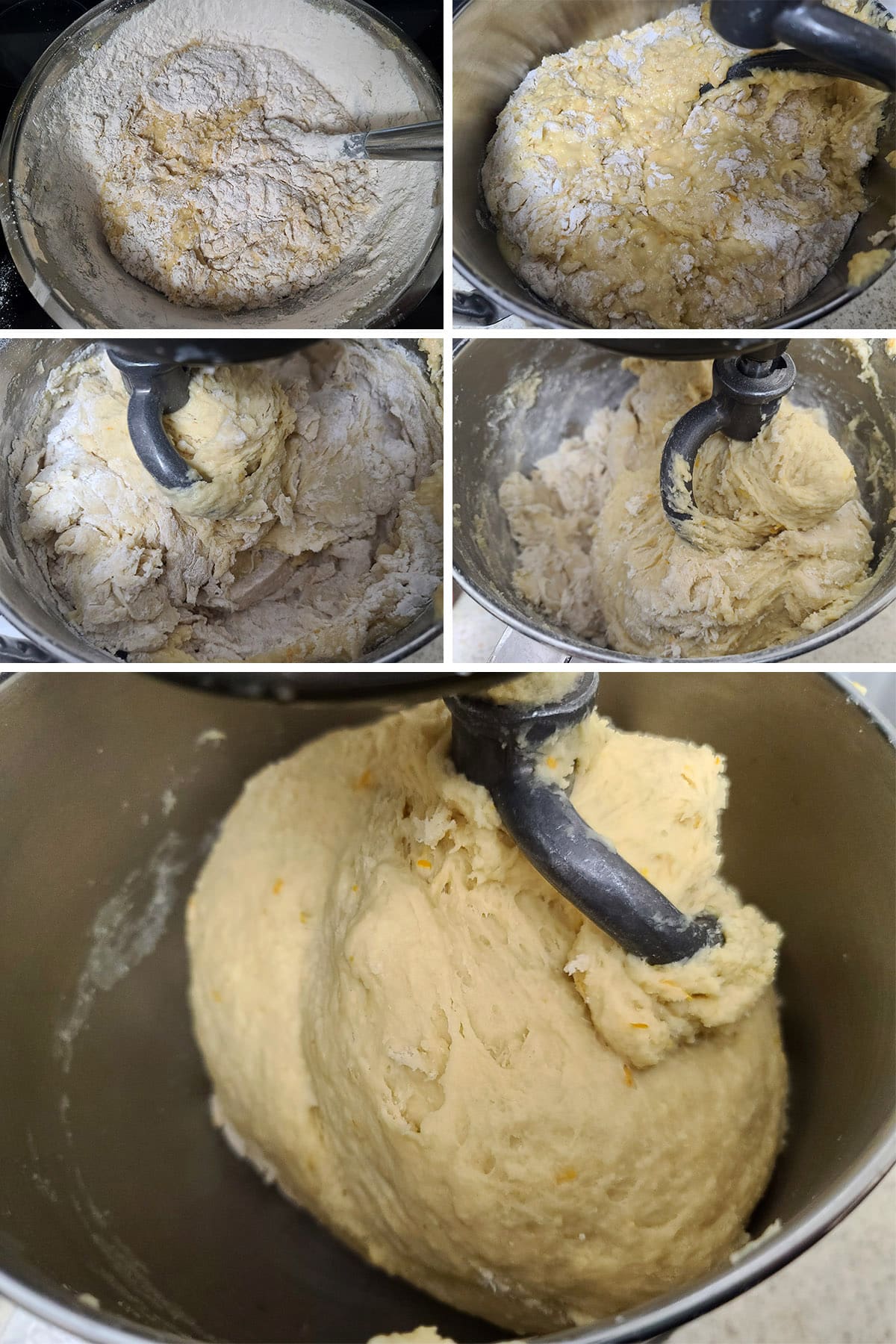 A 5 part image showing the batter in a stand mixer with the remaining flour, being mixed and kneaded into a smooth dough.